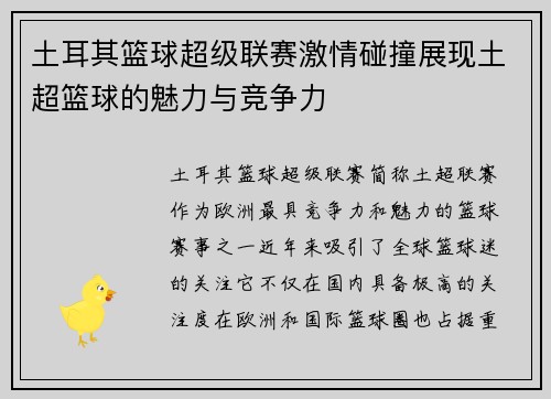 土耳其篮球超级联赛激情碰撞展现土超篮球的魅力与竞争力